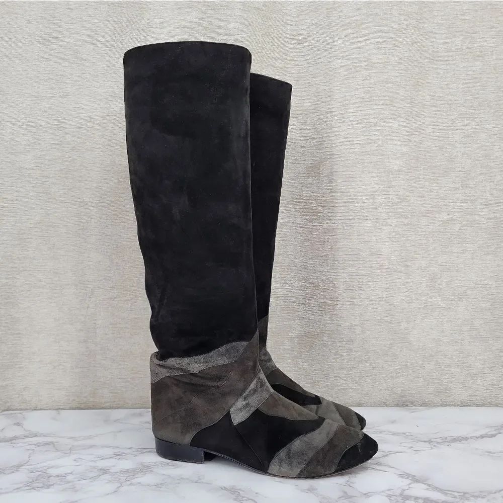 Mario Valentino Vintage 80s 90s Black Gray Tall Pull On Suede Knee High Boots